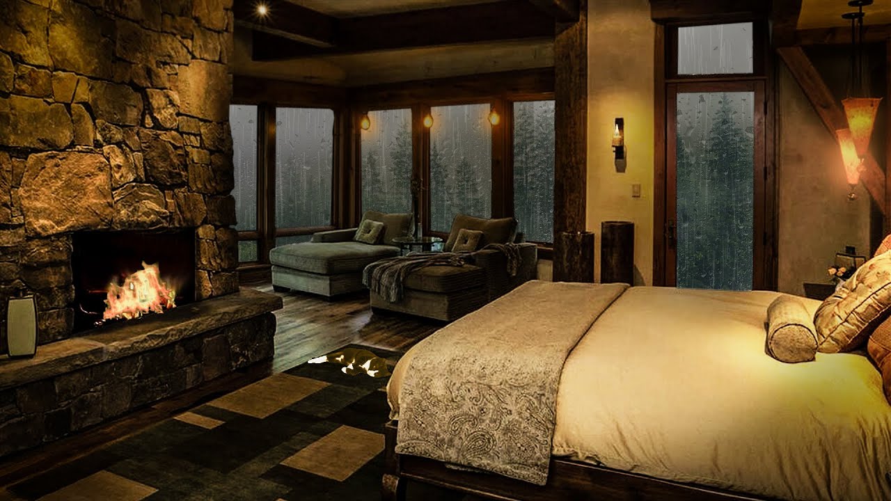 Regn lyder utenfor det koselige soverommet for god søvn, avslappende, meditasjon