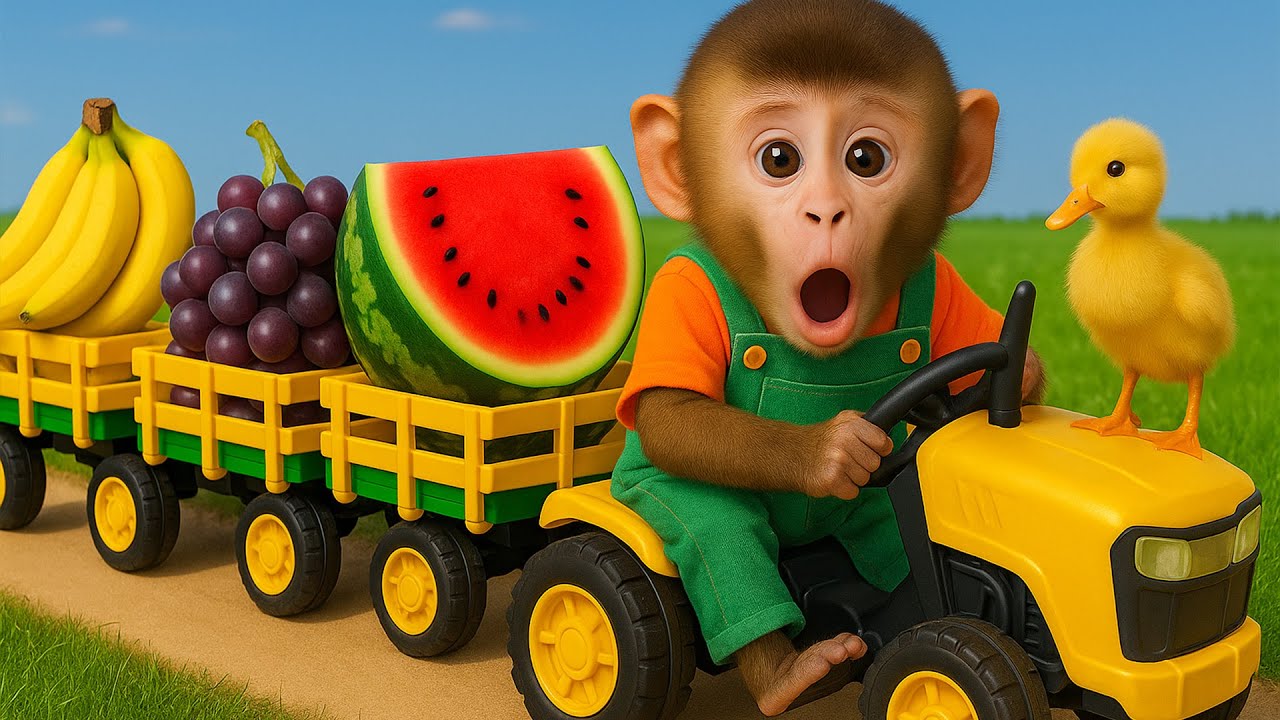 Mono CoCo conduce un tractor para cosechar frutas con el patito y hacer jugo en casa | MONO COCO ESP