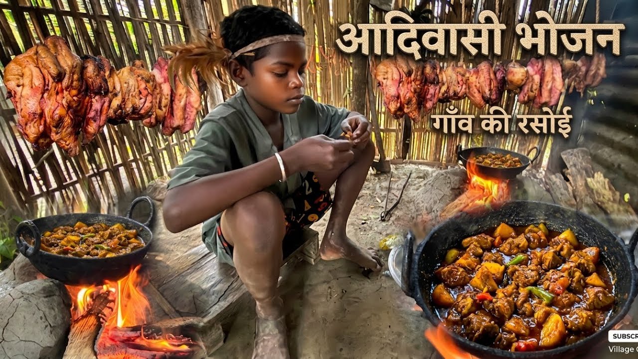 Traditional Adiwasi Food Cooking In Village | Village Style Chicken Curry & Roasted Chicken Eating 