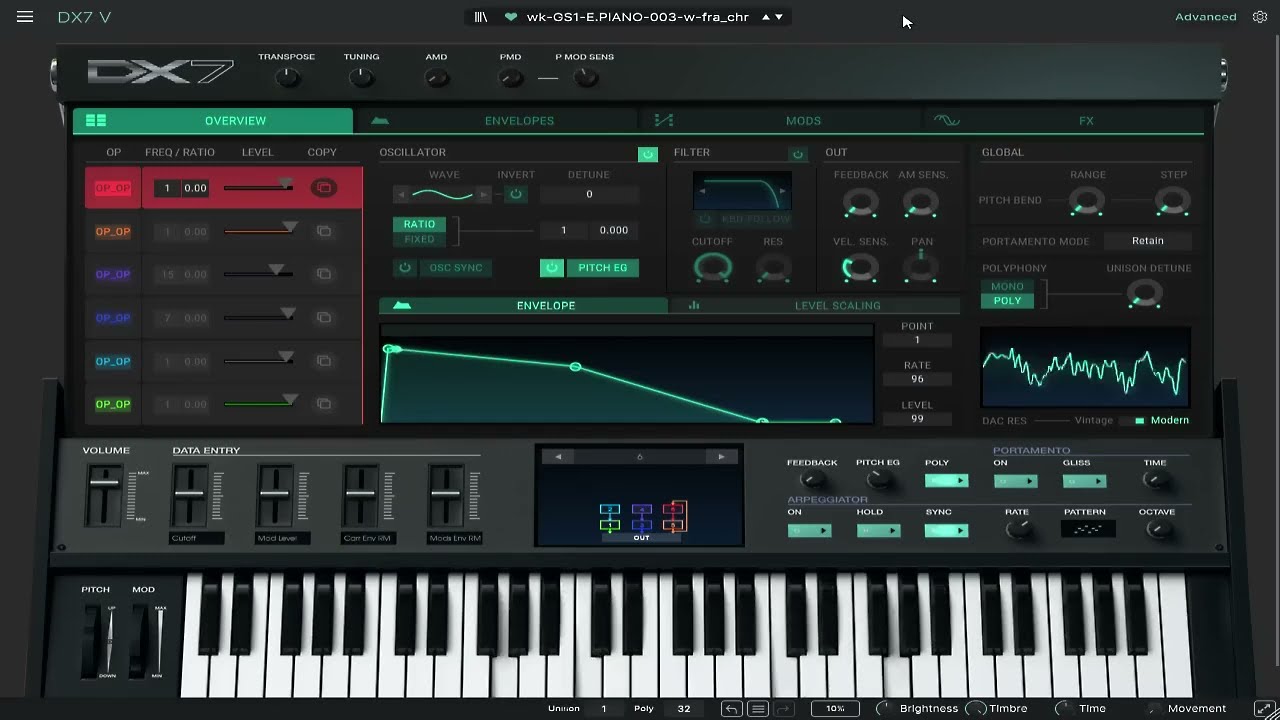 DX7エミュレータで、Yamaha GS-1のコロコロエレピもどき（ENSEMBLE ON）