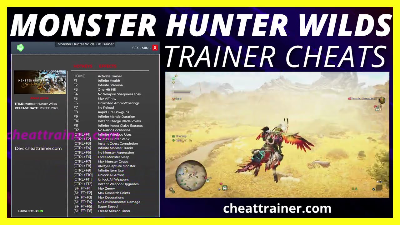 Monster Hunter Wilds Trainer Cheats +30 - Infinite Health, One-Hit Kill, Unlimited Ammo, No Reload