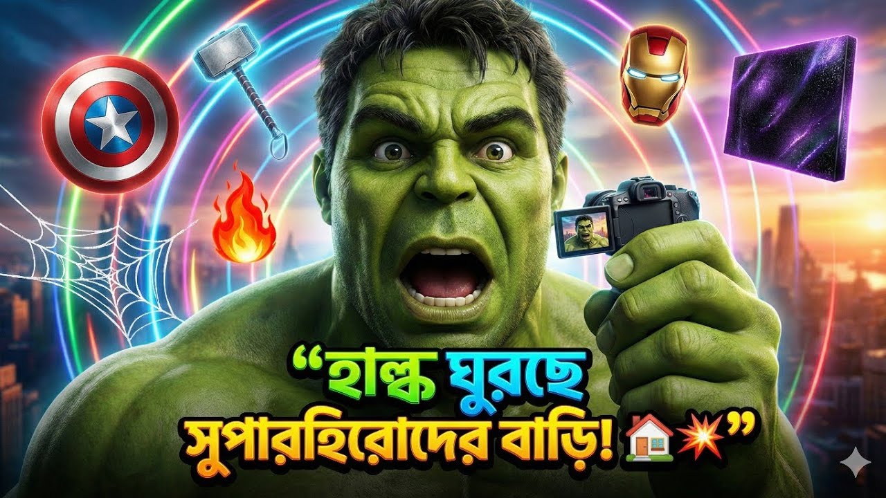 “হাল্কের সুপারহিরো হাউস ট্যুর! 💥 ঢাল, হাতুড়ি, জুস আর ভাইব্রেনিয়াম দেখো!”