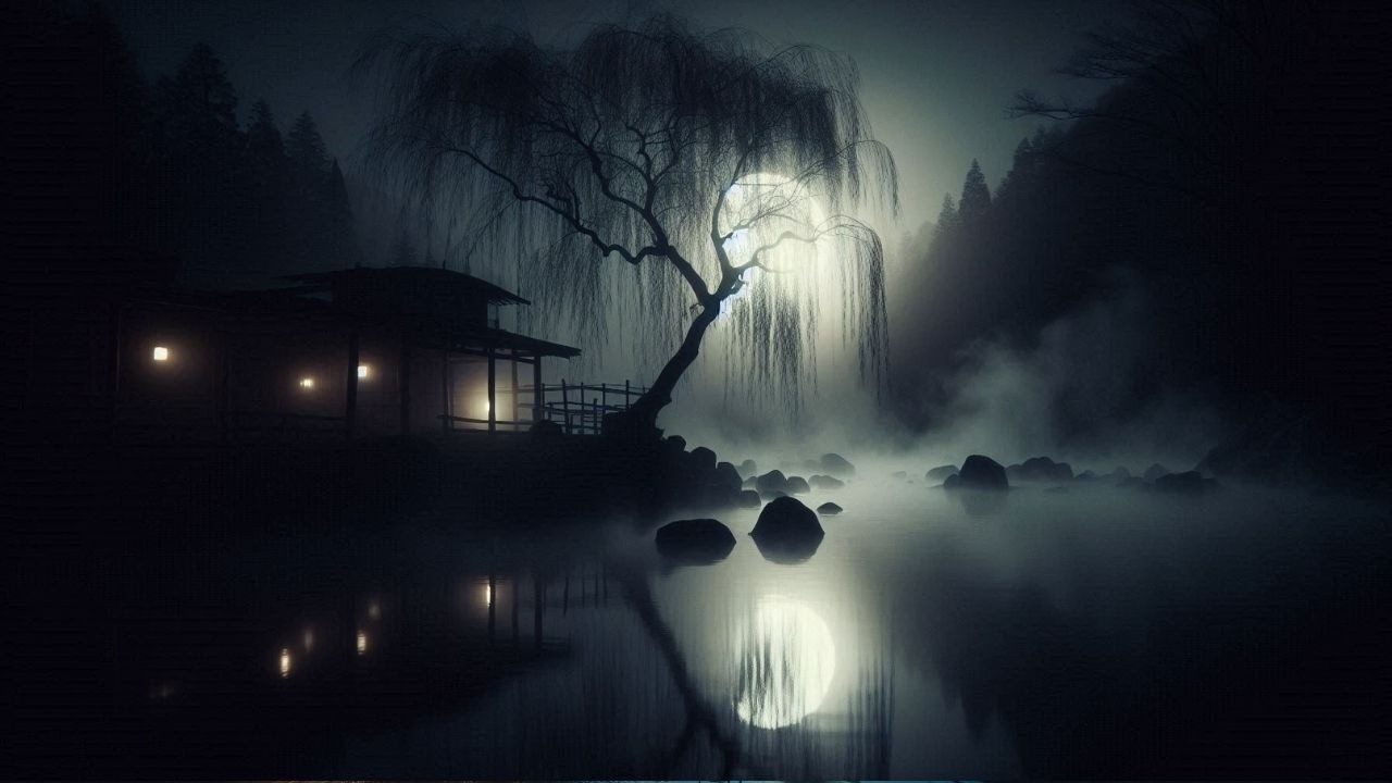 欠けゆく月と揺れる柳の露天風呂｜深夜の静寂（10分）