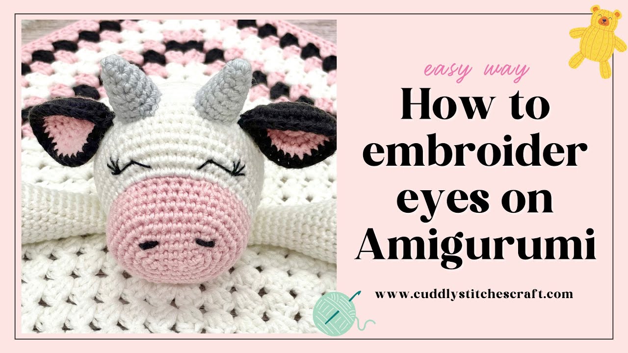 How to embroider eyes on Amigurumi crochet, Embroidering sleepy eyes on stuffed toys, Amigurumi eyes