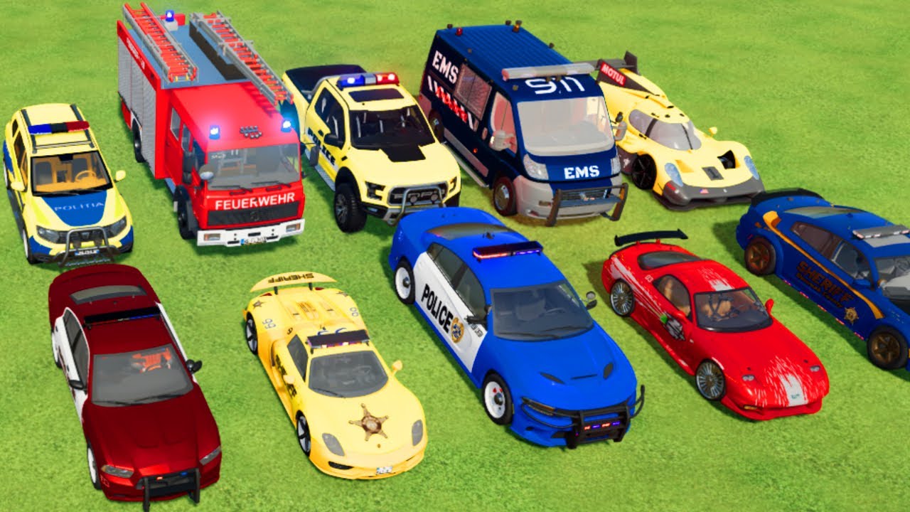 TRANSPORTING CARS, AMBULANCE, POLICE CARS, FIRE TRUCK OF COLORS! WITH TRUCKS! - FS 22