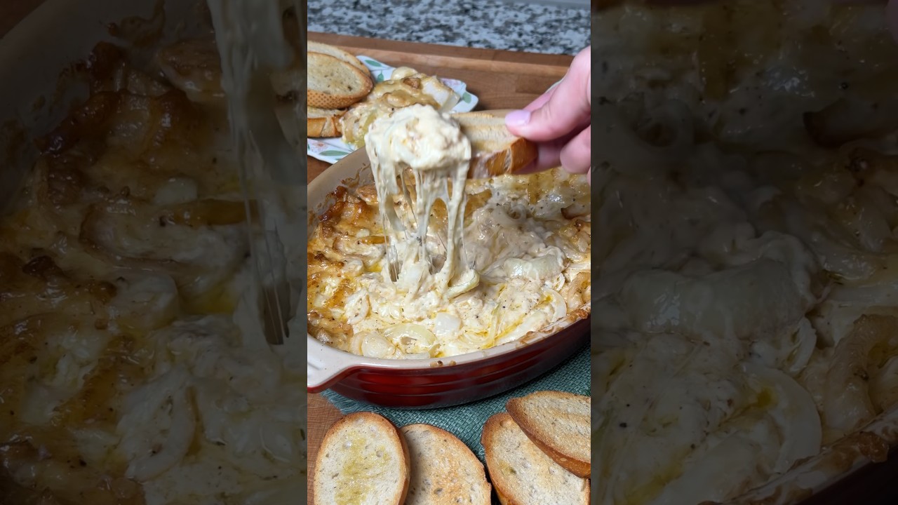 Easy, Cheesy, 3-Ingredient Hot Onion Dip #texasbbq #bbqfood #oniondip #recipe