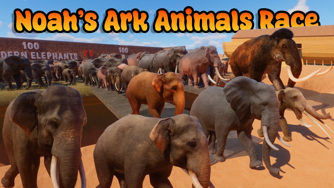 100 Elephants VS 100 Ancient Elephants Animals Race in Noah's Ark Planet Zoo included Mammoth