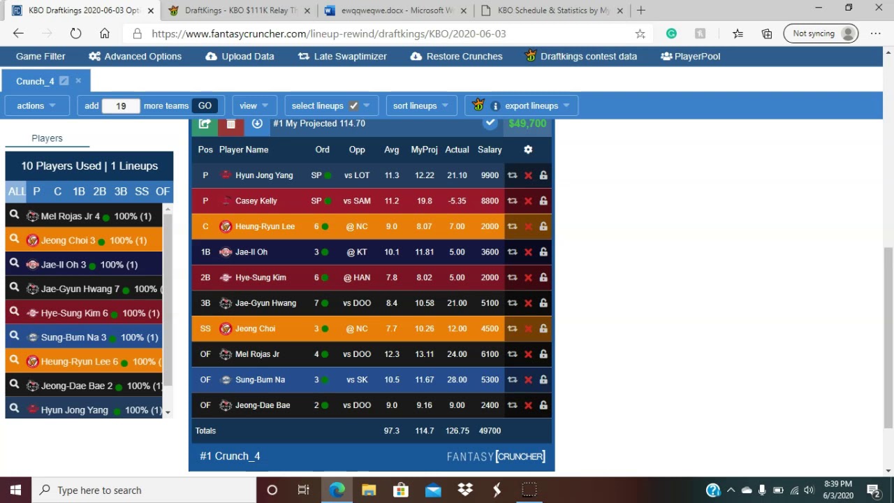 KBO DFS Advice 6/4/20
