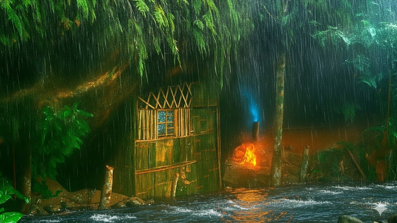 CAMPING HEAVY RAIN THUNDERS, BUILD A SHELTER AND A WARM FIREPLACE IN THE FOREST