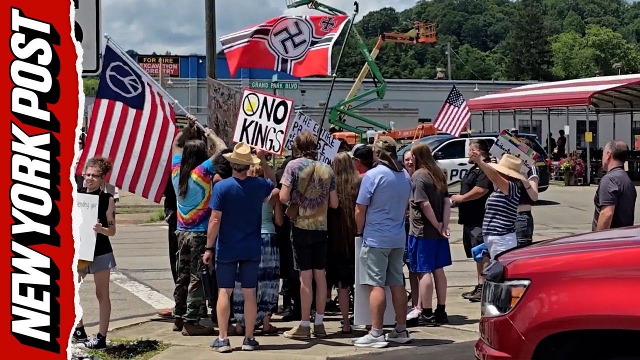 &lsquo;No Kings&rsquo; protesters clash with Nazi flag waver in Ohio