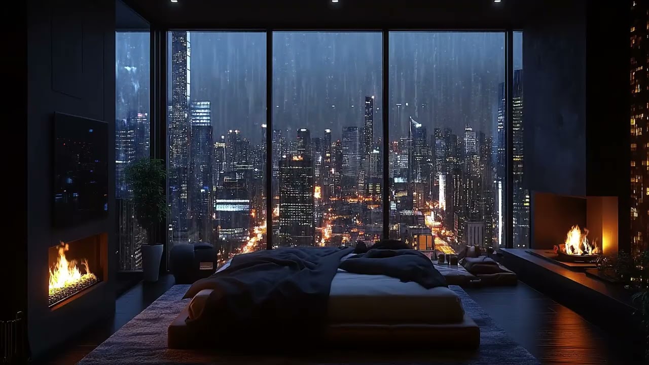 Heavy Night Rain and Thunder Sounds in Apartment for Study Sleep Focus and Relax