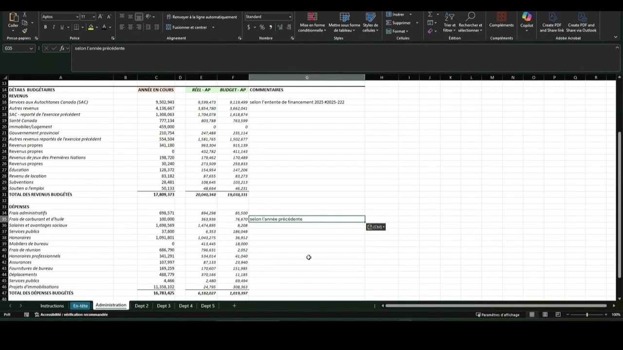 Naviguer le modèle ébauche du budget