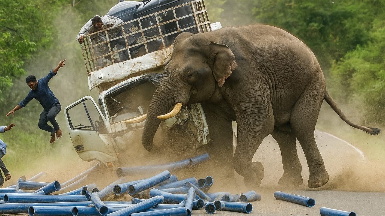 Wild Elephant Lifts Truck and Scatters Water Pipes.