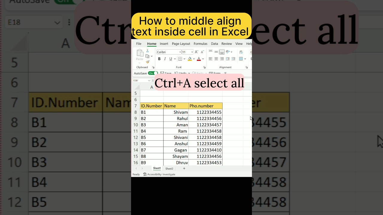 How to Middle align Text inside cell in Excel 🤯|Excel trick and tips #shorts #excel #skills #sheet