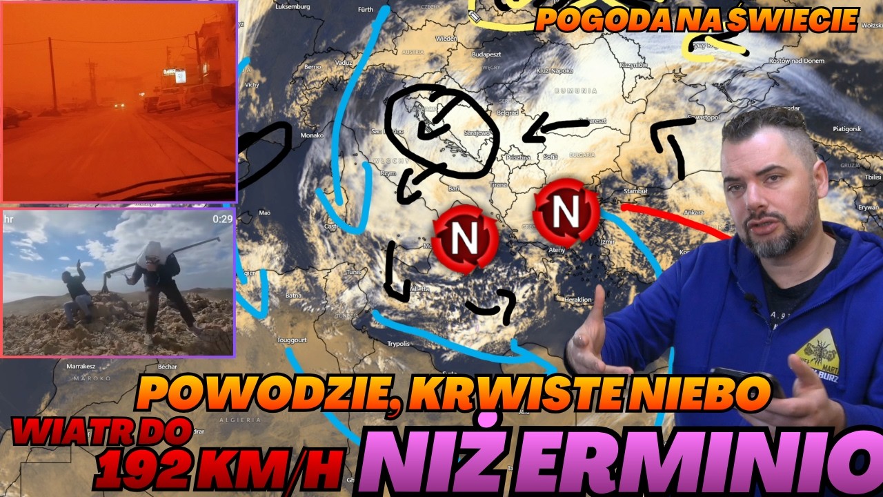 Krwiste niebo. Wiatr do 192 km/h. Powodzie błyskawiczne. Niż Erminio na południu Europy.