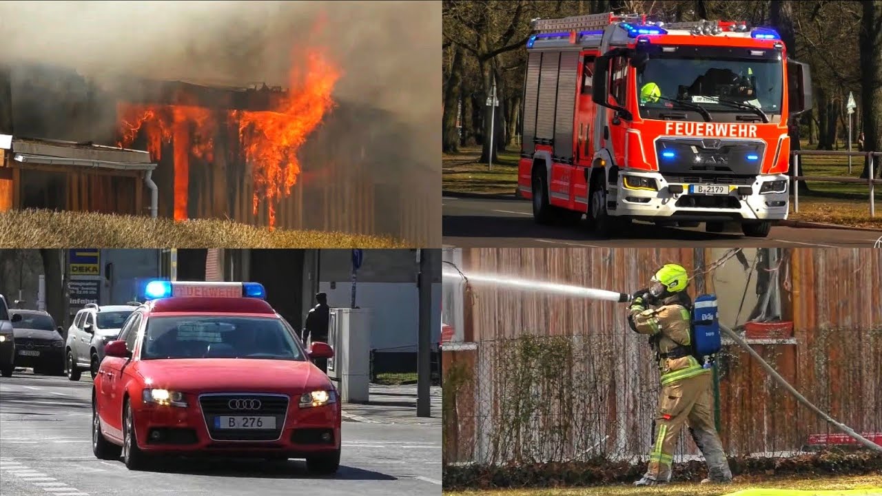 [🔥Großbrand in Obdachlosenunterkunft🚨] Einsatzfahrten 》ELW-ZV, MTF2 uvm. || Berliner Feuerwehr