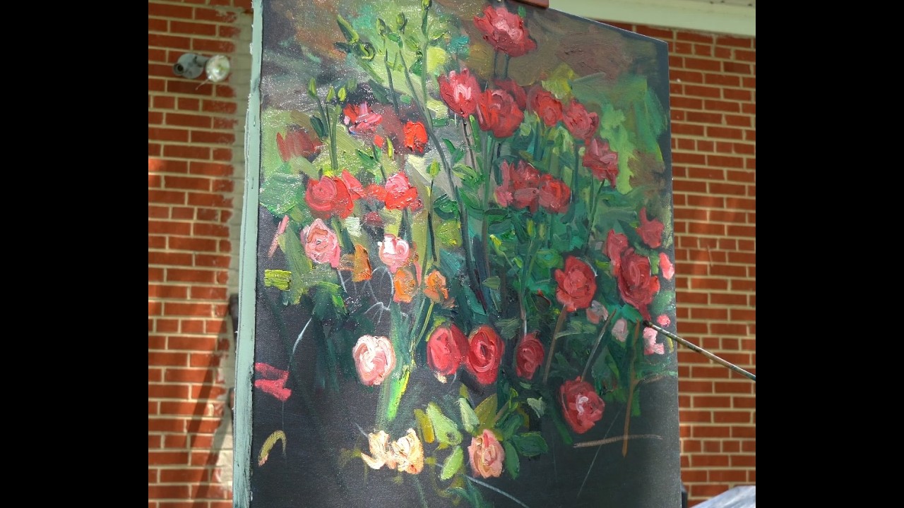 Impressionist Style Oil Painting of Roses Plein Air
