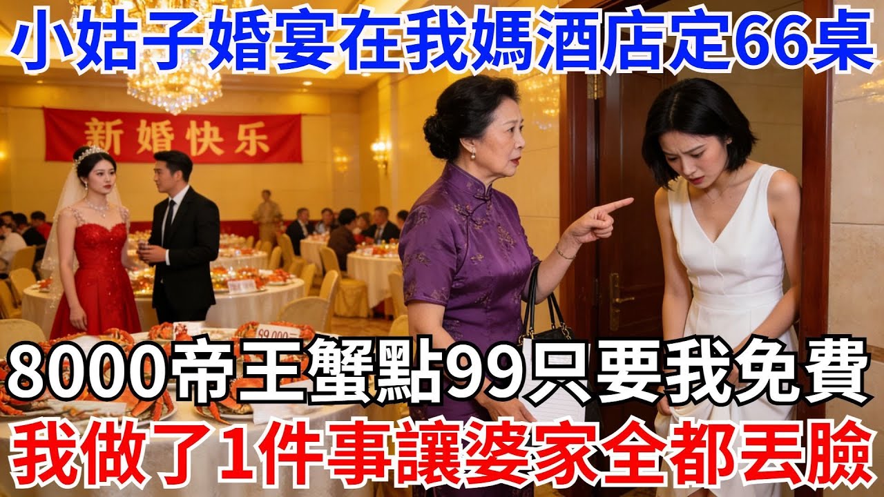 小姑子婚宴，在我媽開的酒店定了66桌，八千元帝王蟹點99只，婆婆要我免費招待，我沒爭辯，只做1件事，讓婆家全都丟臉…#故事#情感
