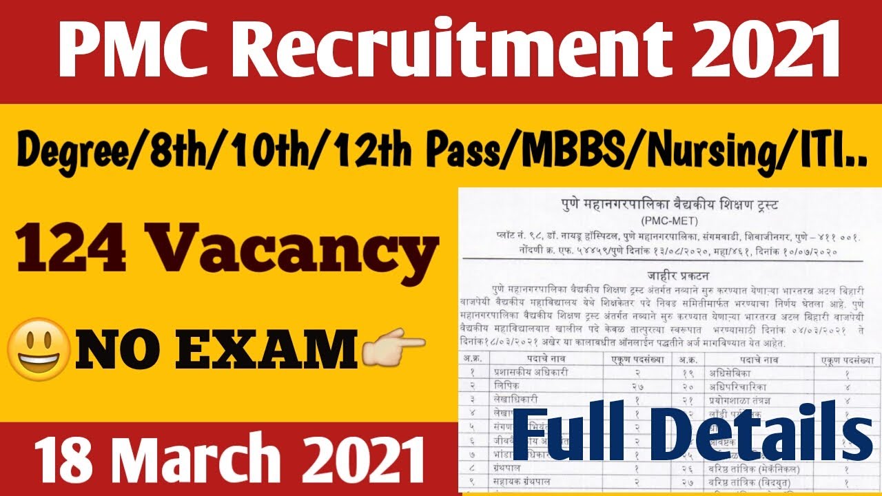 PMC Recruitment 2021 | Pune Mahangarpalika bharti 2021 | Pune Municipal Corporation recruitment 2021