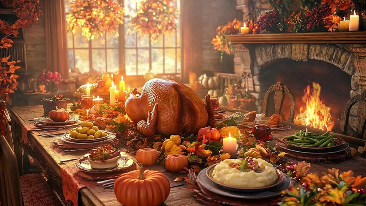 Cozy Thanksgiving Dinner at the Cottage  Ambiance | Fireplace. Jazz music| Birds and Crow Sounds  🦃🍂