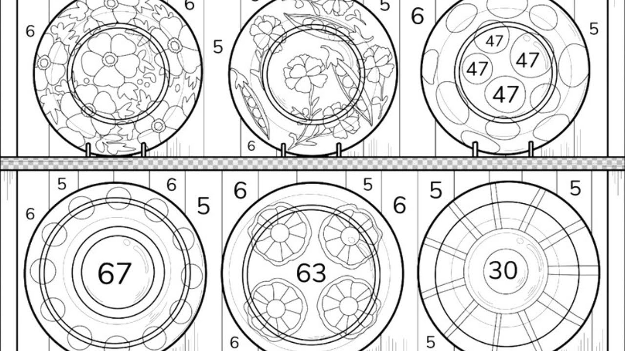 A collection of beautiful decorative plates neatly arranged on a shelf | Coloring Games