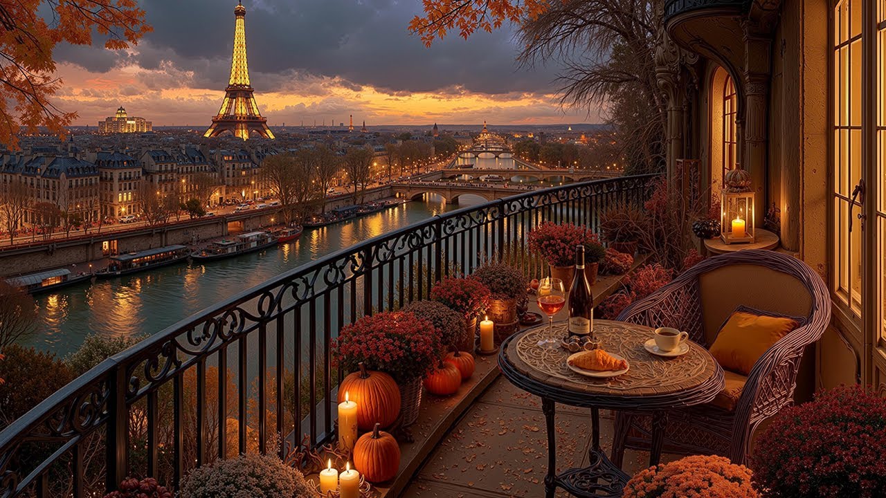 Autumn Sunset Jazz Caf&eacute; in Paris ☕ Cozy Fireplace Ambience | Smooth Jazz Instrumental for Relaxing