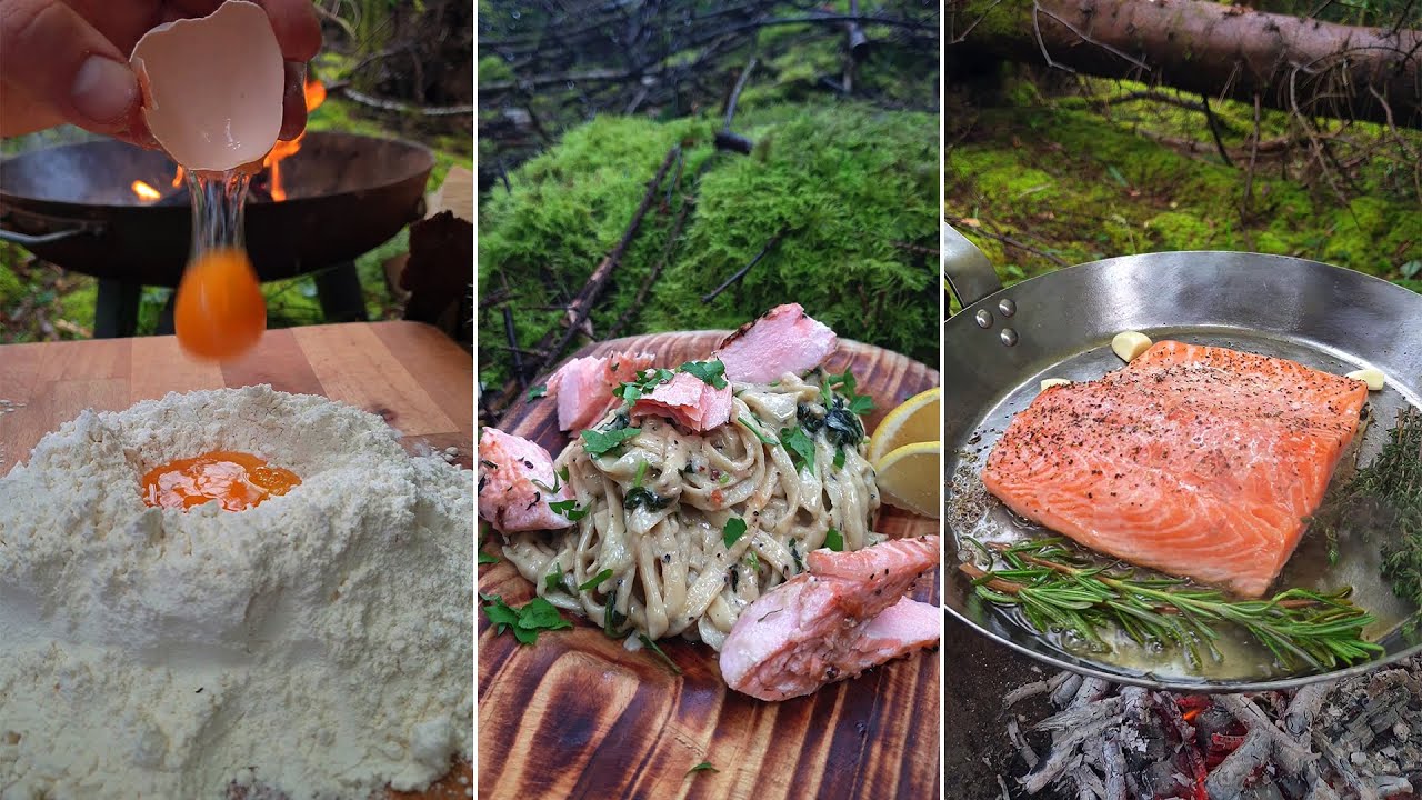 Creamy Salmon Pasta (forest made😜) campfire cooking #pasta #Italy #cooking