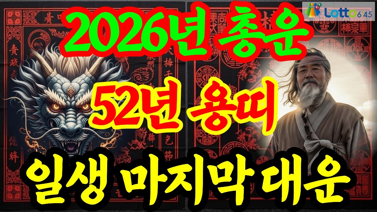 1952년 임진생 용띠, 2026년 총운, 상세 운세(재물운, 문서운, 건강운, 사업운 또는 직업운, 대인관계운, 애정운, 가정운 등) 및 2026년 로또 행운 번호 공개