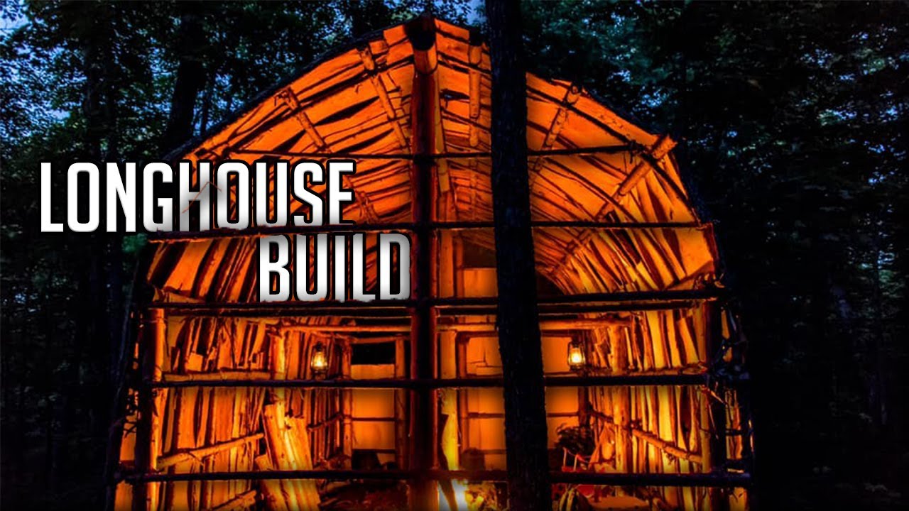 First Night Camping in the Native American-Style Longhouse - E.4 - Covering it with Bark