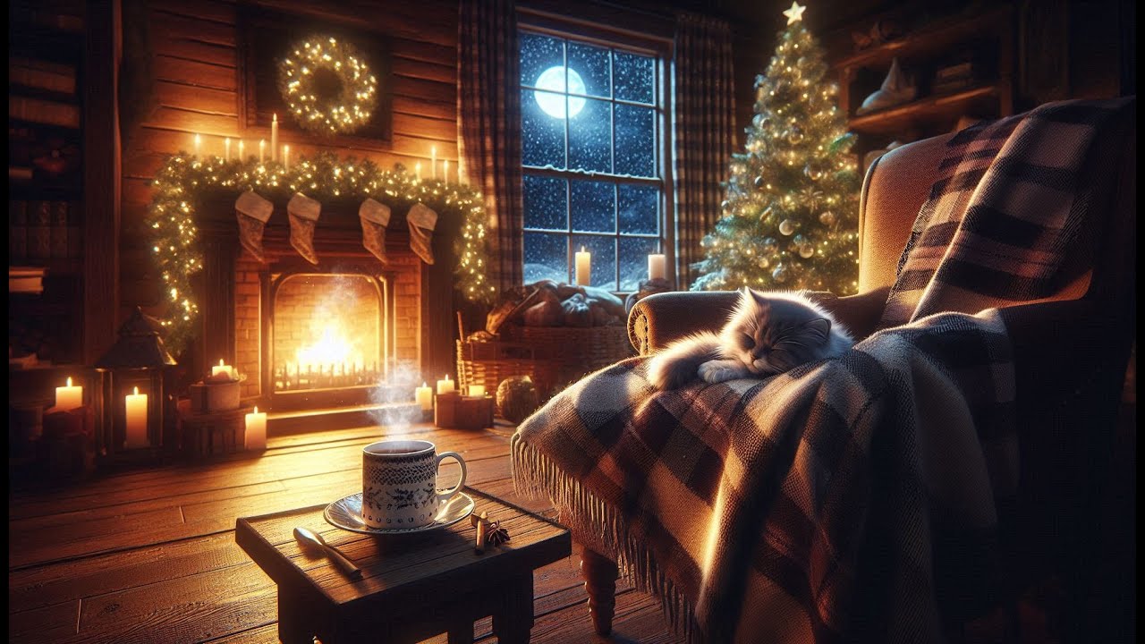 Christmas Blizzard Night ASMR | Warm Fireplace & Gentle Cat Purring for Deep Rest