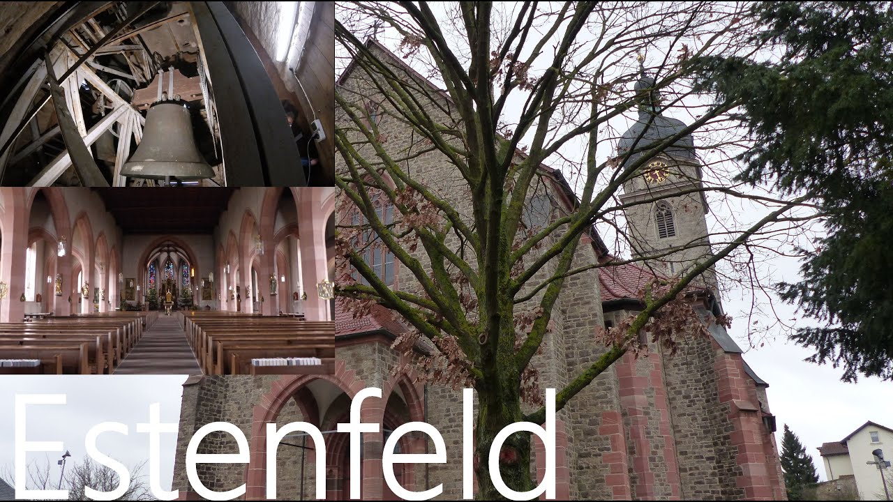 Estenfeld (WÜ) Die fünf Glocken der neuen Pfarrkirche Sankt Mauritius (Turmaufnahme)