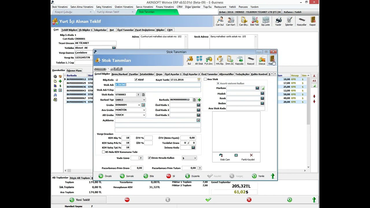 AKINSOFT WOLVOX 8 ERP - TEKLİF İŞLEMLERİ   |  Yeni Teklif Oluşturma İşlemleri