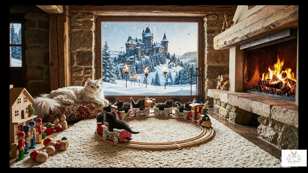 Cozy Winter Palace in the Mountains ❄️🏰 Fireplace, Cats & Snowfall , winter fireplace ambience