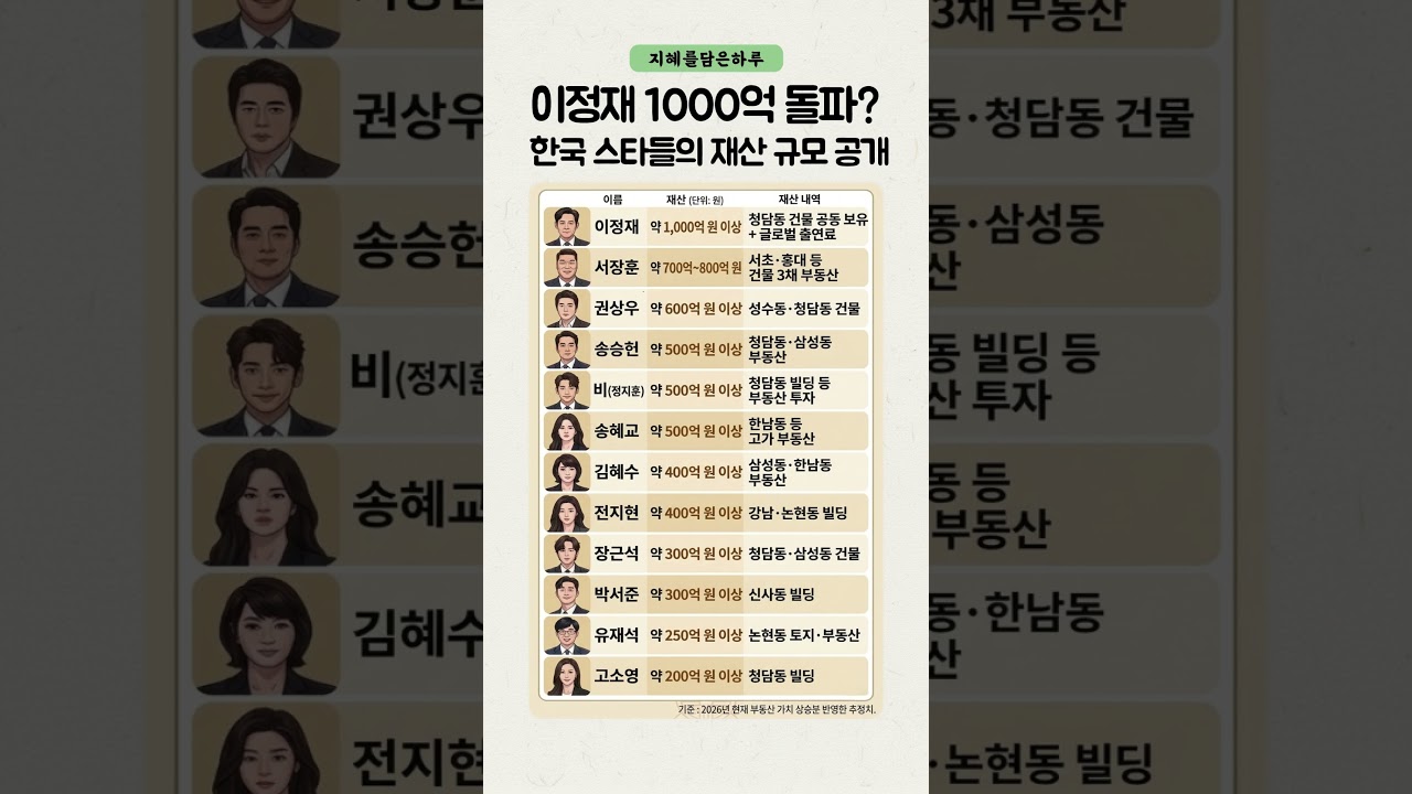 이정재 1,000억 돌파? 한국 스타들의 재산 규모 공개.           #연예인재산 #스타자산 #연예인부동산