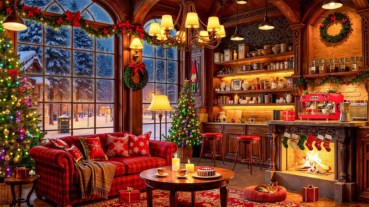 Warm Crackling Fireplace & Smooth Christmas Jazz Music for Relax🔥Cozy Christmas Coffee Shop Ambience