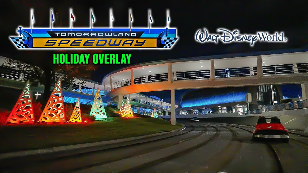 Tomorrowland Speedway with Holiday Overlay On Ride 4K POV Walt Disney World 2023 12 28