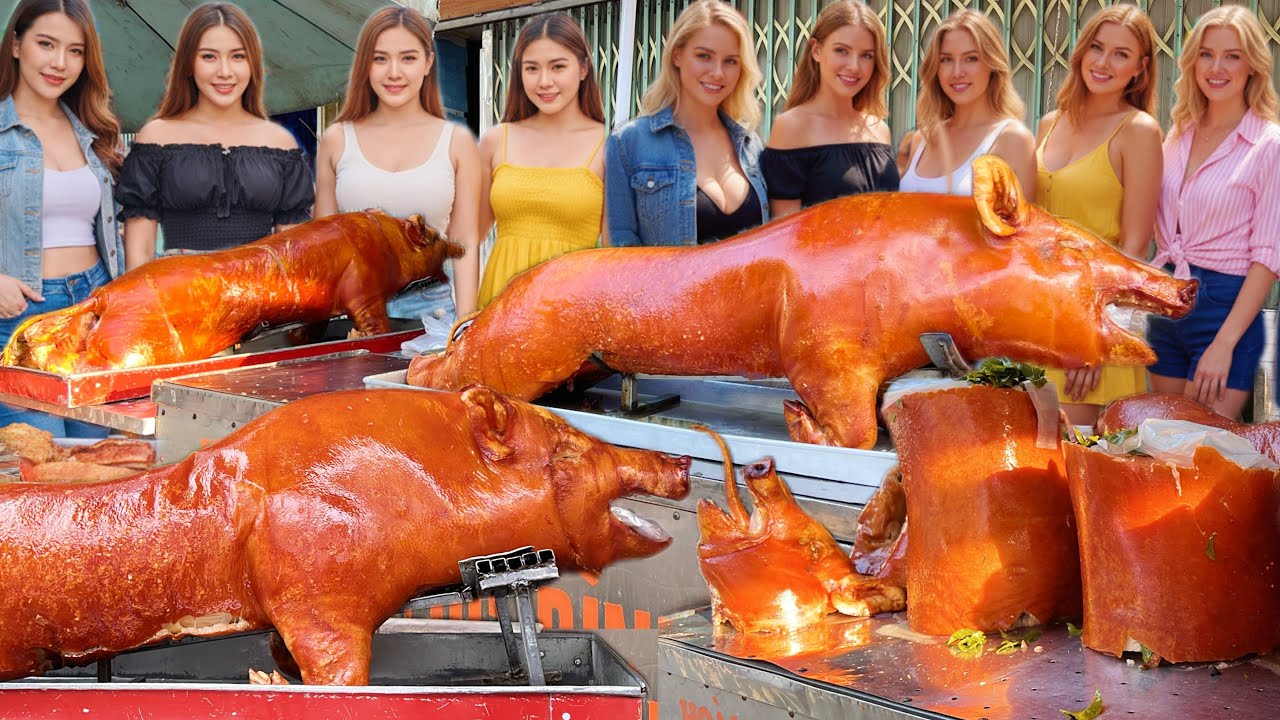 Whole BBQ roasted pig, young couple selling roasted pig on the roadside with skillful knife skills