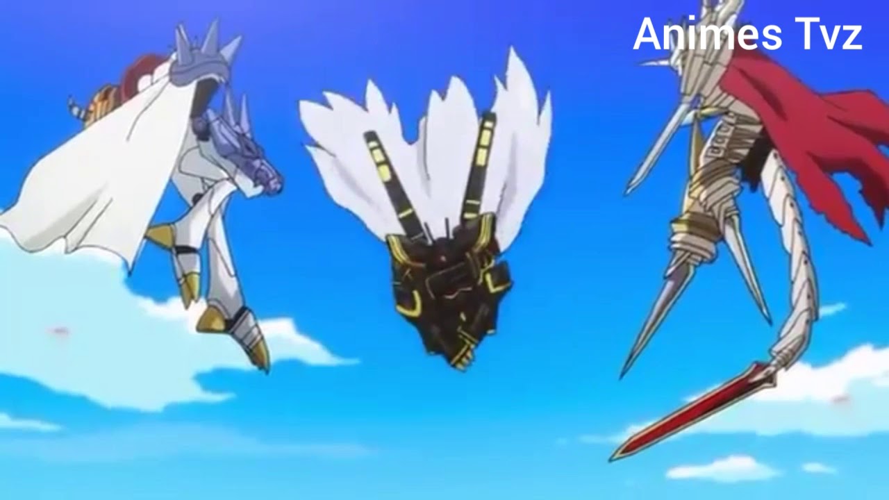 Batalha entre Seraphimon, Alphamon, Jesmon, Meicoomon e Omegamon - Digimon Adventure tri.