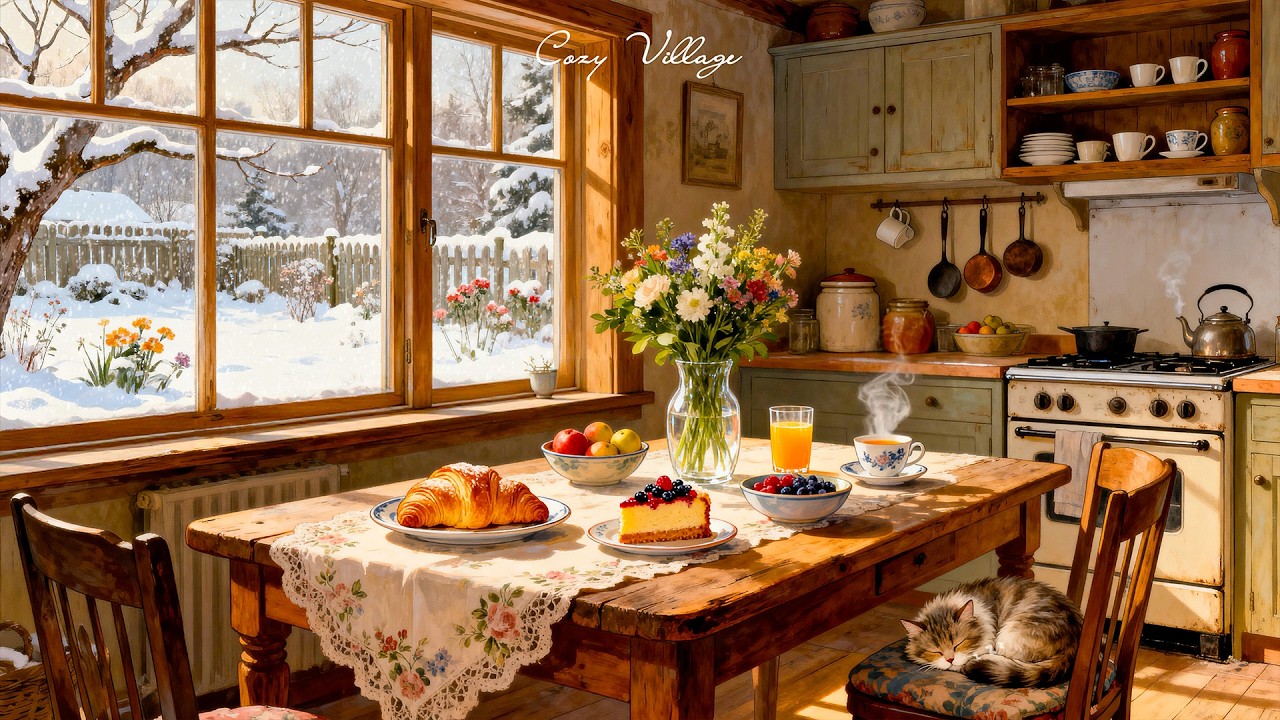 Vintage jazz cabin kitchen 1950s with oldies playing in another room (fireplace, cozy comfort)