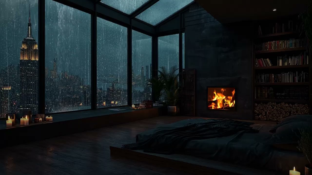 Luxury Rain Ambience 🌧️ Cozy Paris Penthouse Fireplace for Deep Sleep & Relaxation (3 Hours)