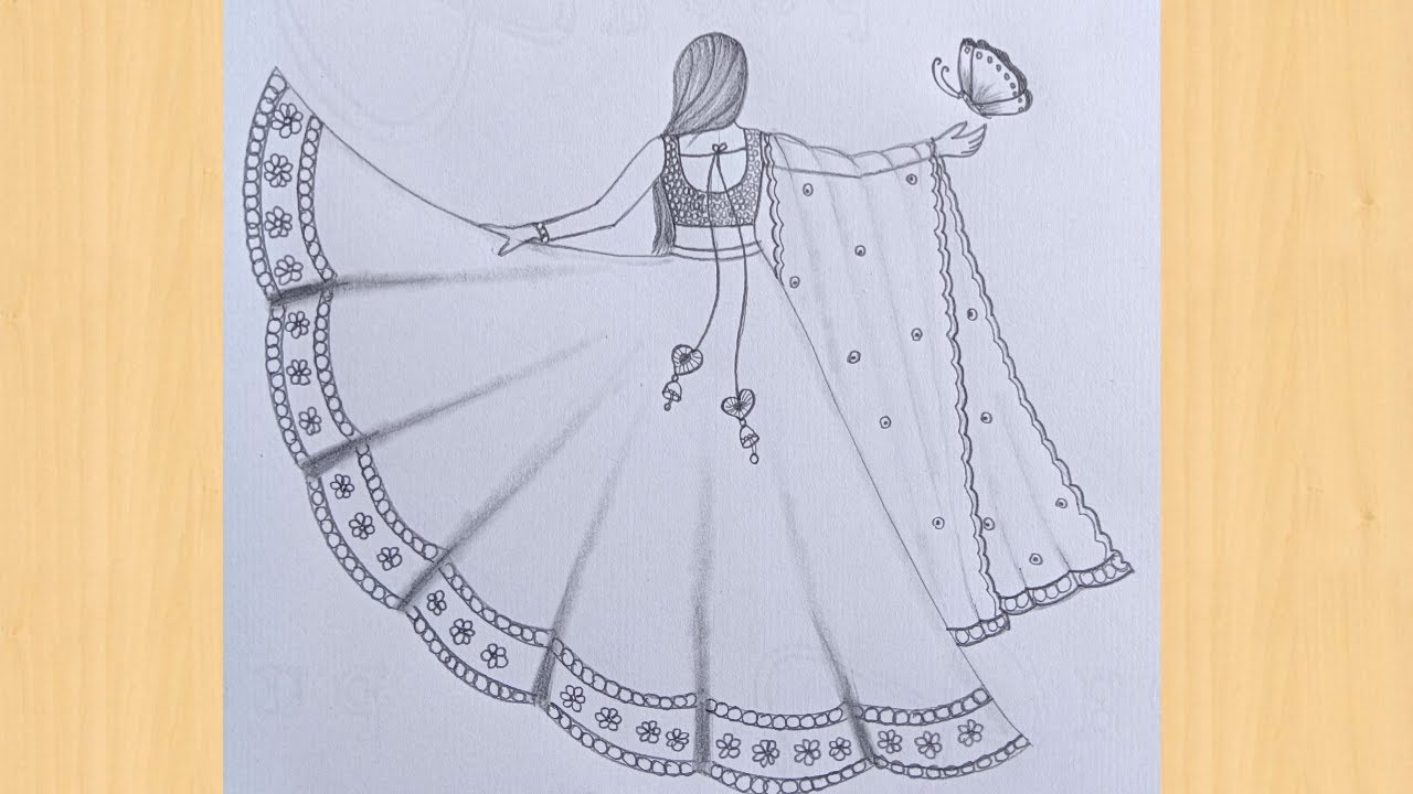 How to draw a girl with beautiful dress / how to draw a girl with lehenga choli easy @drawwithpinki
