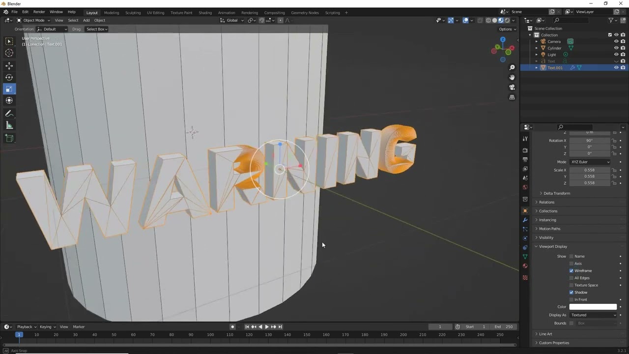 Гравировка или тиснение текста на изогнутых поверхностях в Blender