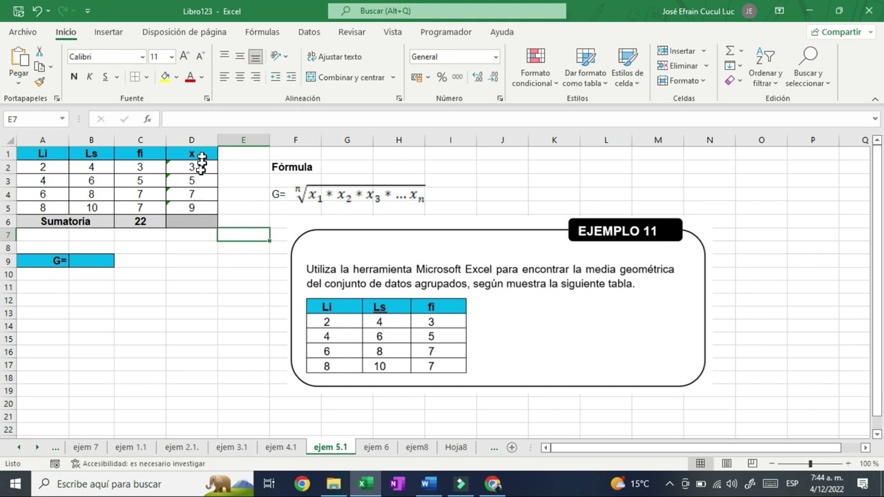 EJEMPLO 11| Cómo calcular media geométrica en excel para datos agrupados.