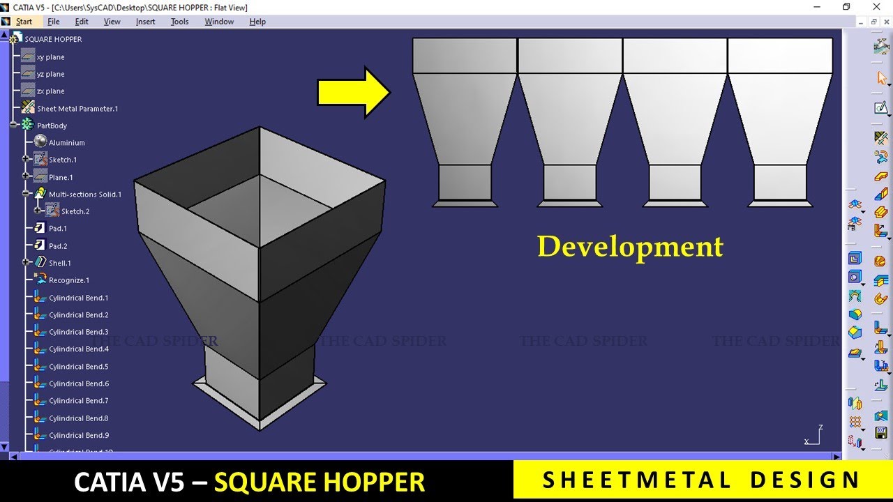 CATIA V5 | Sheetmetal design tutorial for beginners | Square Hopper
