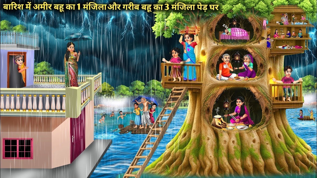Rain Story 😲 | Rich 1 Floor House vs Poor 3 Floor Sasural | Hindi Cartoon