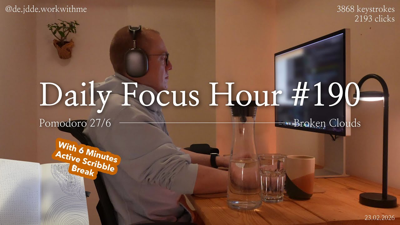 Daily Focus Hour | 2026-02-23T04:42:38 | Work With Me |Pomodoro 27/6| Partly Cloudy⛅ +Typing&Timer