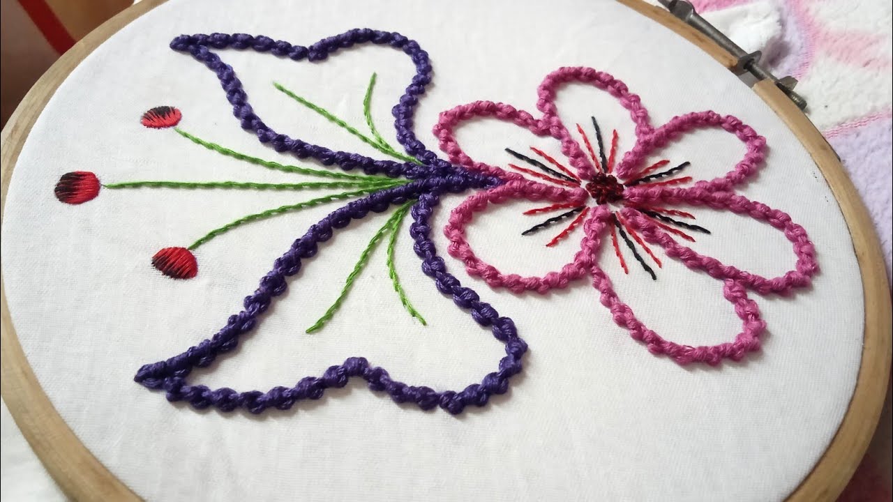 Double Knot Stitch Tutorial, Hand Embroidery Double Knot Stitch Flower Design