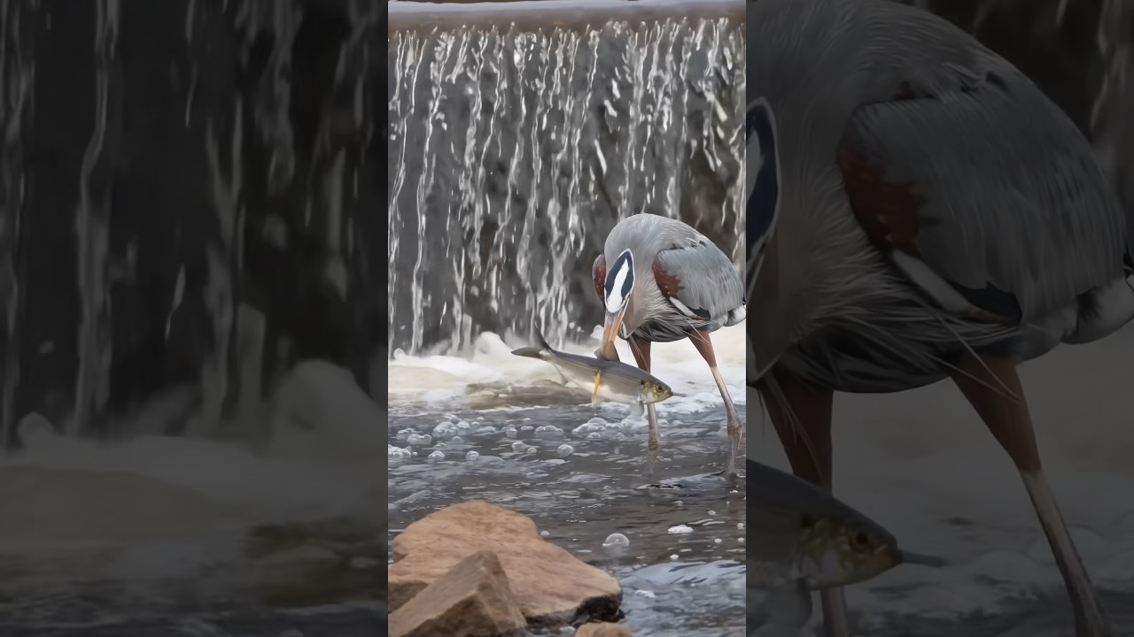 Heron devours a large fish 🐟 at a waterfall !! Sony A1ii + FE 400-800 #birds #wildlife #fishing