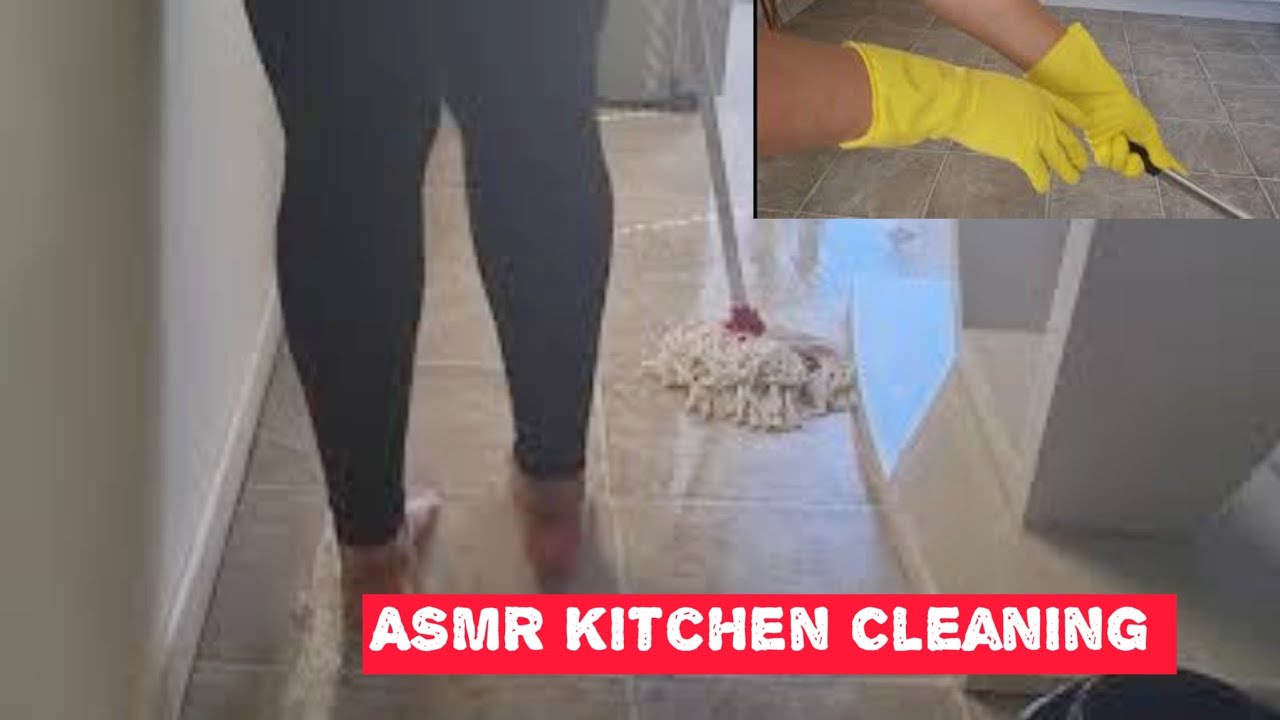 ASMR Cleaning The Kitchen - Sweeping the floor with brush and mopping on Barefoot