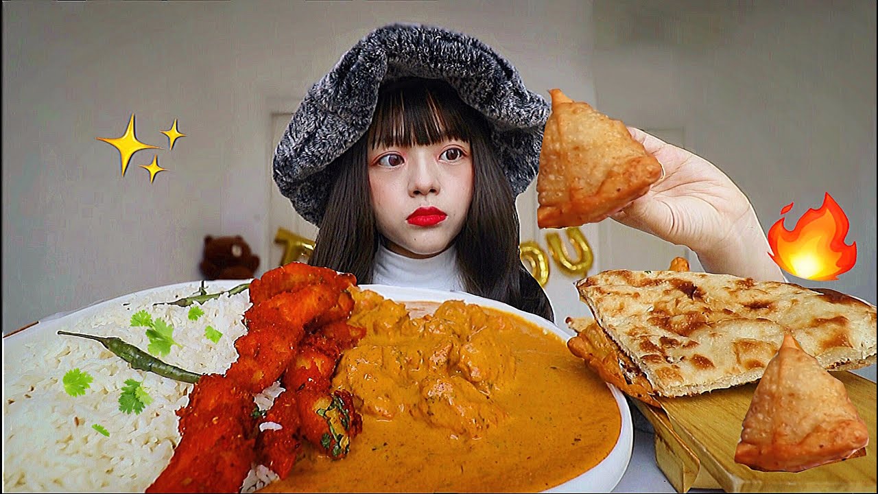 SPICY CREAMY CHICKEN CURRY, WHITE RICE, SAMOSA, NAAN (FIRST TIME)EATING INDIAN FOOD MUKBANG 인도 음식 먹방